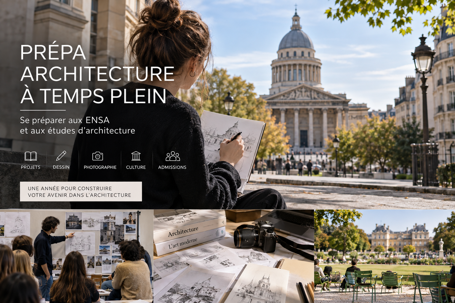 Étudiante en prépa architecture à temps plein dessinant le Panthéon à Paris