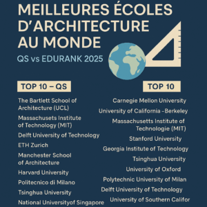 Infographie présentant les meilleures écoles d’architecture au monde en 2025 selon les classements QS et EduRank, avec le logo Archi Prep’ et la question : « Qui domine en 2025 ? »