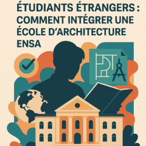 Illustration représentant un étudiant étranger avec un portfolio, devant une école d’architecture française (ENSA), accompagné d’un globe, d’un drapeau français et d’éléments architecturaux symboliques.
