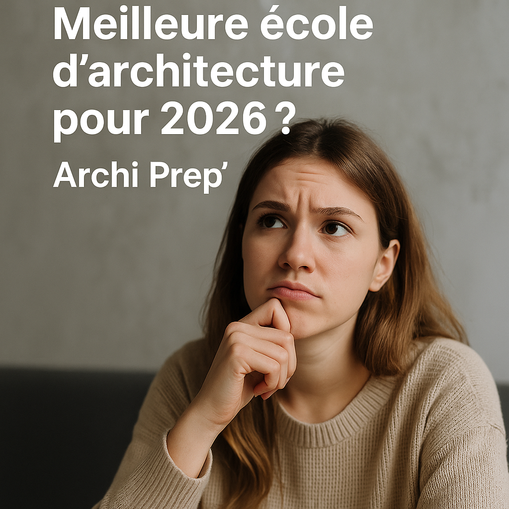 Meilleure ENSA : candidate réfléchissant à son choix d’école d’architecture, avec le titre de l’article et le nom de la prépa Archi Prep’