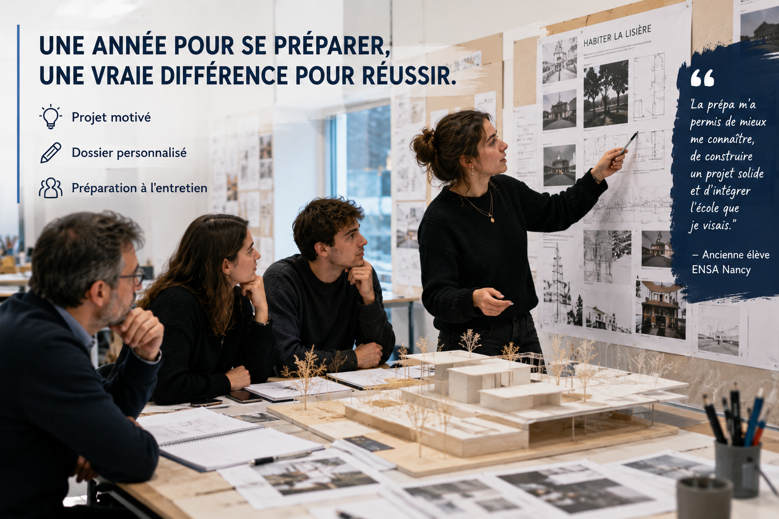 Présentation d'un projet architectural devant un groupe : entraînement à l'argumentation et à l'oral pendant une prépa annuelle en architecture